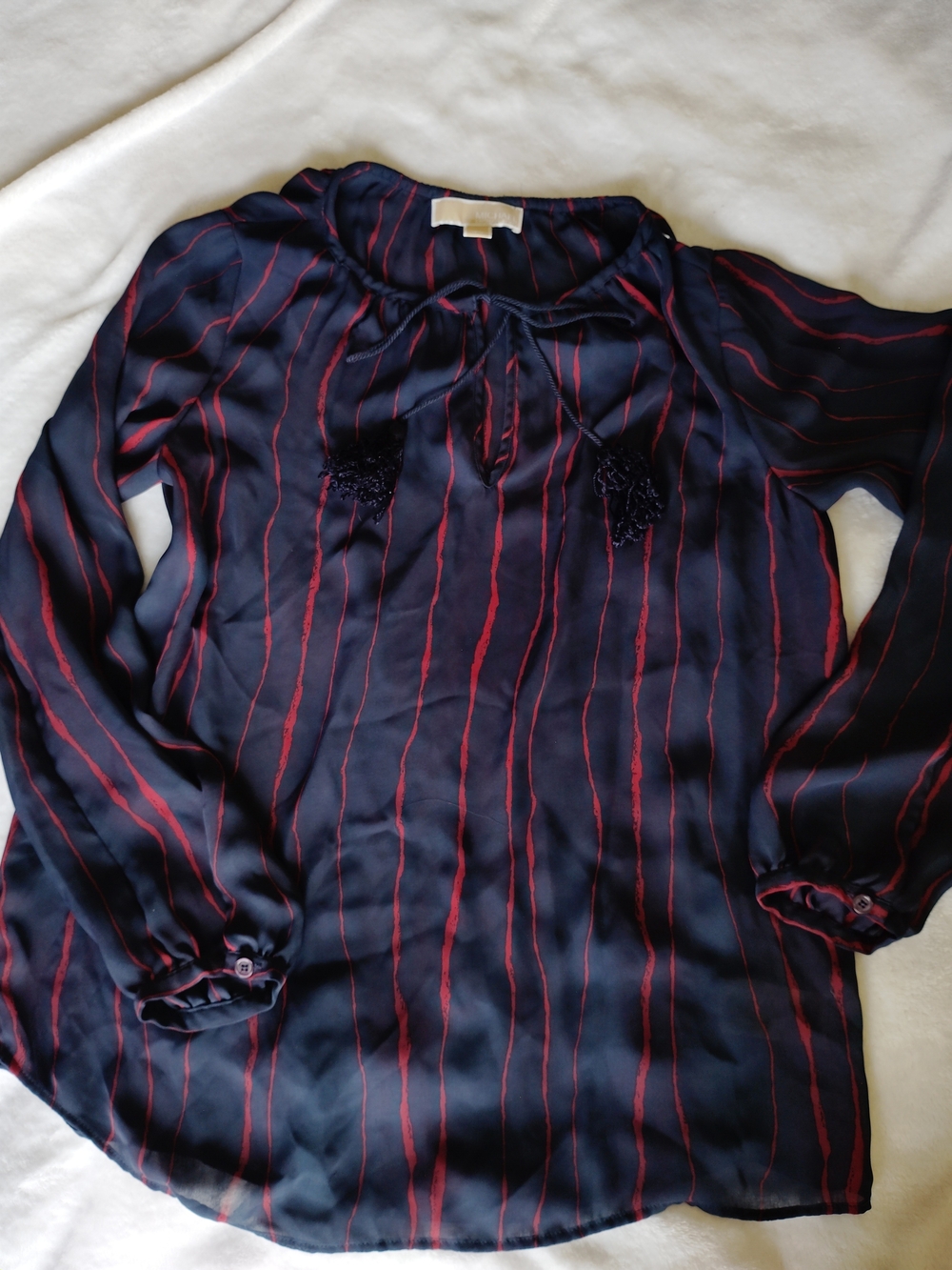 Michael Kors Women's Navy and Red Striped Tie-Neck Blouse, Long Sleeve